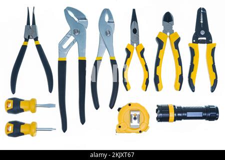 The set of yellow-black tools isolated on the white background. Stock Photo