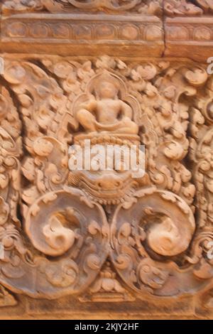 Carving (detail) from pillar, Banteay Srei, Angkor, Siem Reap, Cambodia. Stock Photo