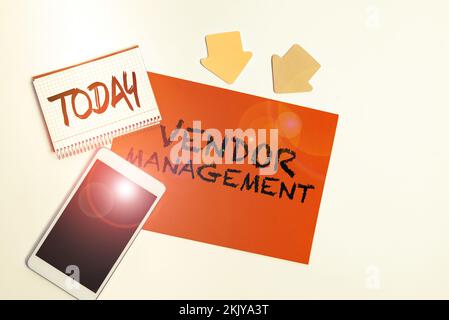 Sign displaying Vendor Management. Business showcase activities included in researching and sourcing vendors Stock Photo