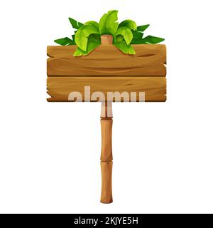 Wooden signboard with bamboo stick ant tropical leaves in cartoon style, empty signpost isolated on white background. Ui game asset, exotic decoration. Vector illustration Stock Vector