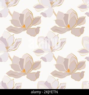Elegant outline of magnolia flowers, seamless pattern. Vector illustration Stock Vector