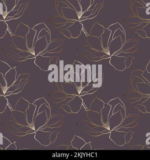 Magnolia pattern,contour flowers gold gradient and dark background. Vector illustration Stock Vector
