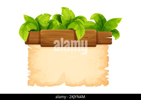 Tropical frame with wooden detail and parchment paper decorated with jungle palm leaves in cartoon style isolated on white background. Game menu design, asset. Vector illustration Stock Vector