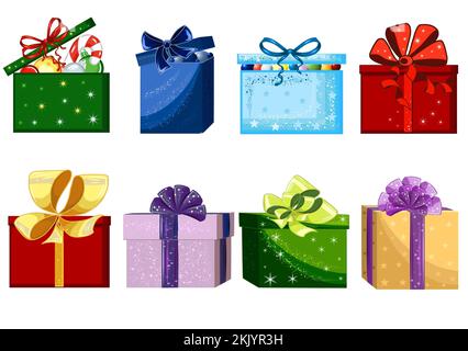 Сolorful gift boxes with bows and Christmas stuff . Clipart JPEG  illustration for stickers,creating patterns, wallpaper, wrapping paper, embroidery. Stock Photo