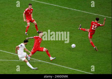 Iran's Karim Ansarifard has an attempt on goal during the FIFA World Cup Group B match at the Ahmad Bin Ali Stadium, Al-Rayyan. Picture date: Friday November 25, 2022. Stock Photo