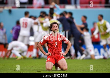 Doha, Qatar. 25th Nov, 2022. DOHA, QATAR - NOVEMBER 25: Joe Allen of Wales looks dejected after conceding his sides first goal from Roozbeh Cheshmi of IR Iran during the Group B - FIFA World Cup Qatar 2022 match between Wales and IR Iran at the Ahmad Bin Ali Stadium on November 25, 2022 in Doha, Qatar (Photo by Pablo Morano/BSR Agency) Credit: BSR Agency/Alamy Live News Credit: BSR Agency/Alamy Live News Credit: BSR Agency/Alamy Live News Stock Photo