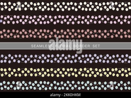 Seamless Vector Floral Border Set Isolated On A Dark Background. Horizontally Repeatable. Stock Vector