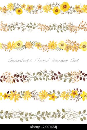 Seamless spring flower border isolated on white. Vector hand drawn ...