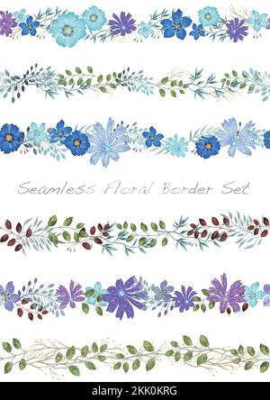 Seamless Vector Watercolor Floral Border Set Isolated On A White Background. Horizontally Repeatable. Stock Vector