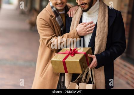 cropped view of bearded gay man with Christmas present and shopping bags near boyfriend on blurred street,stock image Stock Photo