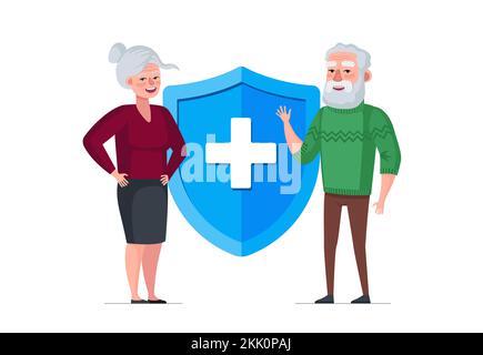 Elderly life and health insurance banner concept. Senior couple near protection shield with medical symbol. Grandparents medical support. Old people healthcare vector eps illustration Stock Vector