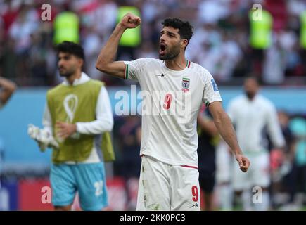 Iran's Mehdi Taremi celebrates after the FIFA World Cup Group B match at the Ahmad Bin Ali Stadium, Al-Rayyan. Picture date: Friday November 25, 2022. Stock Photo