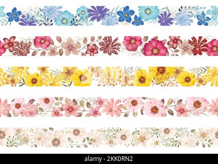 Set Of Seamless Watercolor Floral Borders Isolated On A White Background. Vector Illustration. Horizontally Repeatable. Stock Vector