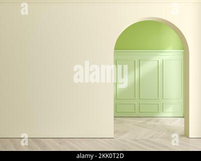 Classic wall of wood panels and green arch Stock Photo