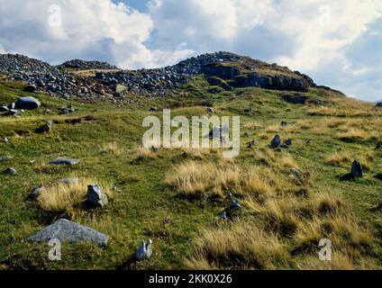 View SE of the chevaux de frise defences outside the W entrance through the stone ramparts of Pen y Gaer Iron Age hillfort, Conwy, Wales, UK. Stock Photo