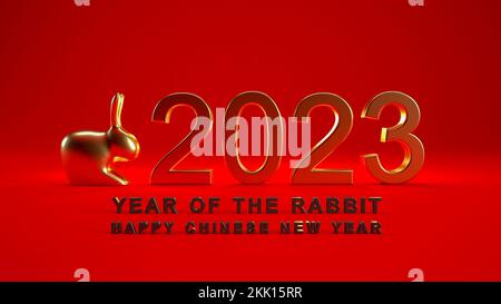 Happy Chinese New Year 2023 3d text, year of the rabbit concept isolated on red background. Stock Photo