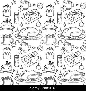 Seamless pattern with Traditional Christmas food and drink illustration in doodle style Stock Vector