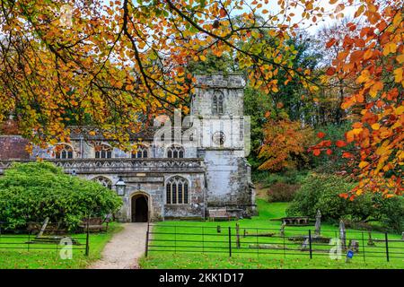 Spectacular autumn colour on the woodland trees surrounding the parish church at Stourhead Gardens, Wiltshire, England, UK Stock Photo