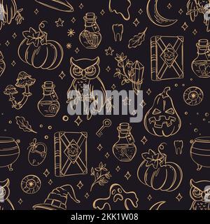 HALLOWEEN BACKGROUND Witchcraft Monocolor Hand Drawn Objects Sketch Alchemic Astrologic Occult Symbol Collection Magical Accessories Cartoon Seamless Stock Vector