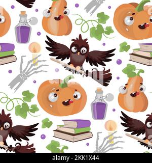 HALLOWEEN OWL Pumpkin Flat Design Funny Cartoon Hand Drawn Seamless Pattern Vector Illustration For Print Stock Vector