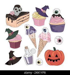 HALLOWEEN SWEETS Mystic Holiday Cartoon Clip Art Vector Illustration Set For Print Stock Vector
