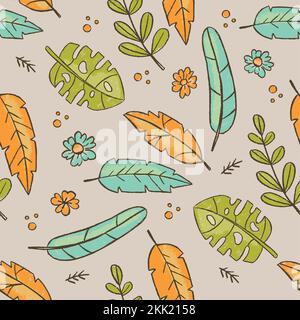 HAND DRAWN LEAVES GREY Tropical Nature Grunge Style Seamless Pattern Vector Illustration For Print Stock Vector