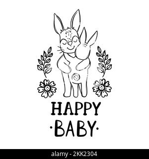 HAPPY BABY KIDS Mothers Day Parental Relationship Cute Hares Animals Friend To Friend Handwriting Text Monochrome Hand Drawn Clip Art Vector Illustrat Stock Vector