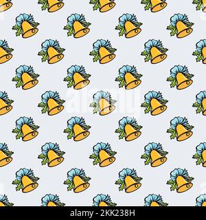 HAPPY NEW YEAR BELL Christmas Decorations Holiday Golden Bells With Blue Bow Christmas Toy On White Background Seamless Pattern Vector Illustration Pr Stock Vector