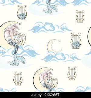HARP MERMAID PATTERN Merry Christmas New Year Winter Princess Girl Cartoon Seamless Background Vector Illustration For Print Stock Vector