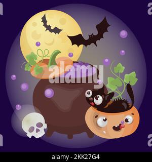 HELL POTION Happy Halloween Character Spooky Cook Magic Pink In Pot Isolated On Dark Background Hand Drawn Flat Style Vector Illustration Set Stock Vector