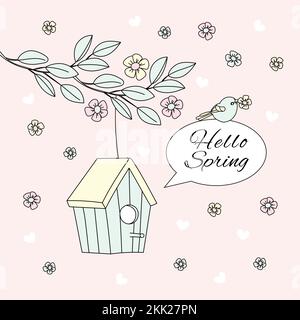 HELLO SPRING Bloom Nature Season Bird Cartoon Vector Illustration Set For Print Stock Vector