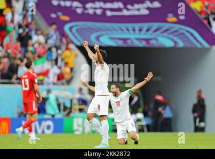 Doha, Qatar. 25th Nov, 2022. Mehdi Taremi of Iran, celebrates the victory after the match between Wales and Iran, for the 2nd round of Group B of the FIFA World Cup Qatar 2022, Ahmed bin Ali Stadium this Friday 25. 30761 (Heuler Andrey/SPP) Credit: SPP Sport Press Photo. /Alamy Live News Stock Photo