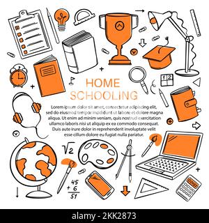HOME SCHOOLING ONLINE Various School Supplies For Learning Of Students On The Internet Vector Banner With Text In The Style Of Doodle Hand Drawn Sketc Stock Vector