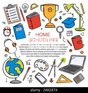 HOME SCHOOLING Various School Supplies For Learning Of Students On The Internet Vector Banner In The Style Of Doodle Hand Drawn With A Place For Your Stock Vector