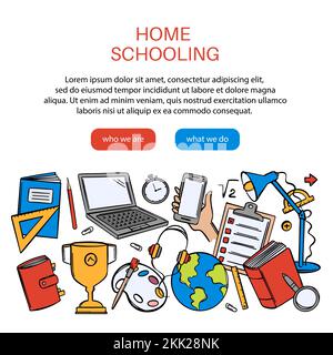 HOME SCHOOLING WEB Banner Various School Supplies For Learning Of Students On The Internet Vector Illustration In The Style Of Doodle Hand Drawn With Stock Vector