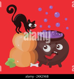HUNGRY CAULDRON Halloween Cat Funny Flat Design Cartoon Hand Drawn Vector Illustration Set For Print Stock Vector