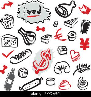 Set of Doodles - Food Elements and Objects Black and Red Bottle, Wine and Pastries Stock Vector
