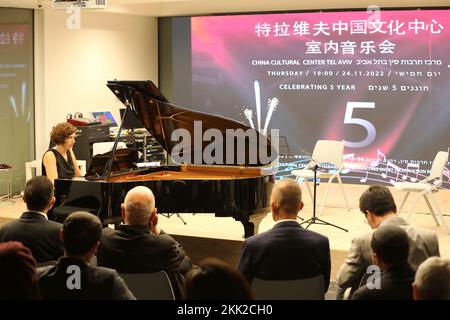 Tel Aviv, Israel. 24th Nov, 2022. Israeli pianist Einat Fabrikant performs at a concert marking the fifth founding anniversary of the China Cultural Center in Tel Aviv, Israel, on Nov. 24, 2022. Credit: Wang Zhuolun/Xinhua/Alamy Live News Stock Photo