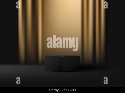 3D realistic black podium platform pedestal cube shape with gold curtain backdrop on dark background luxury style. Abstract studio room elegant wall s Stock Vector