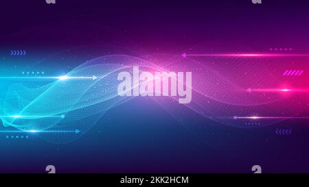 Abstract technology digital futuristic concept wavy motion lines blue and pink neon lighting effect decoration geometric elements on dark blue backgro Stock Vector