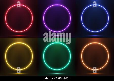 Set of glowing neon color circles round shape with lighting effect isolated on black background technology concept. Circular light frame border. You c Stock Vector