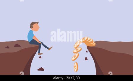 A cartoon man sitting on the edge of a cliff and looking at a stack of money falling down Stock Vector