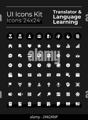 Language learning white glyph ui icons set for dark mode Stock Vector