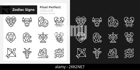 Astrological signs pixel perfect linear icons set for dark, light mode Stock Vector