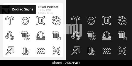 Zodiac signs pixel perfect linear icons set for dark, light mode Stock Vector