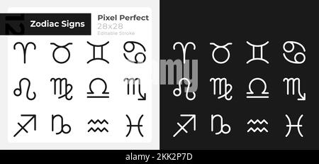 Astrological signs pixel perfect linear icons set for dark, light mode Stock Vector
