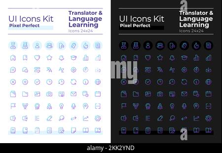 Translator pixel perfect gradient linear ui icons set for dark, light mode Stock Vector
