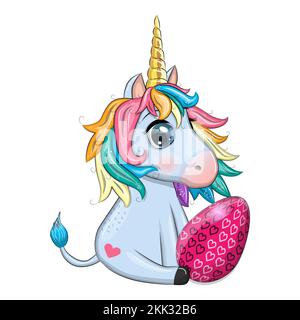 Easter unicorn cartoon character with easter egg, postcard Stock Vector