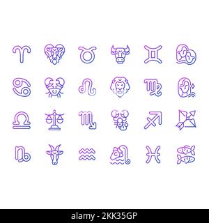 Zodiac signs pixel perfect gradient linear vector big icons set Stock Vector