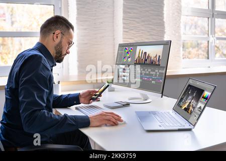 Video Editor Or Designer Using Editing Software Tech On Computer Stock Photo